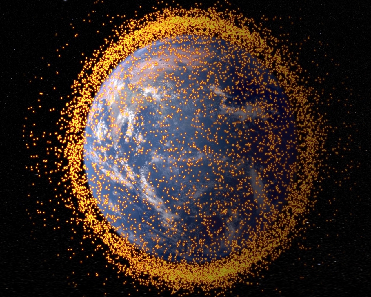 Earth with satellites surrounding it.